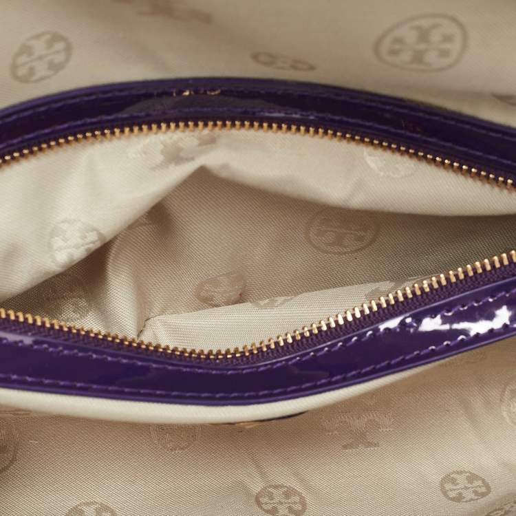 Pre Owned Tory Burch Purple Patent Leather Logo Embossed Flap Clutch Bag