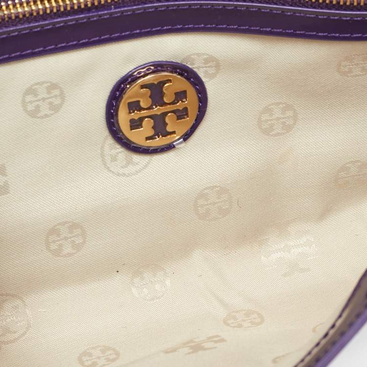 Pre Owned Tory Burch Purple Patent Leather Logo Embossed Flap Clutch Bag