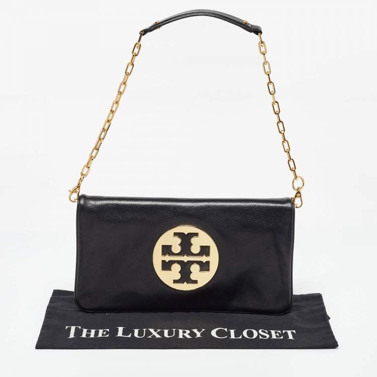 Pre Owned Tory Burch Black Leather Reva Chain Clutch