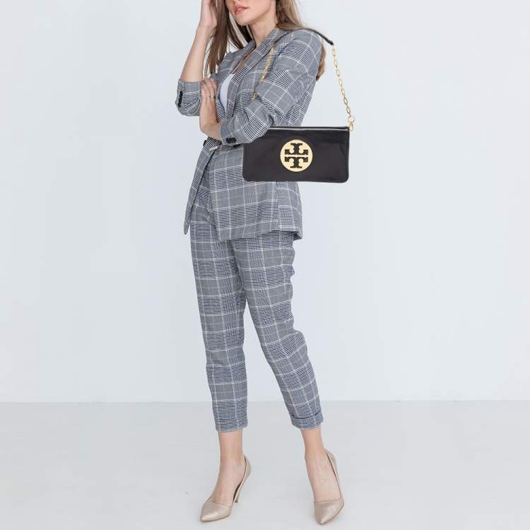 Pre Owned Tory Burch Black Leather Reva Chain Clutch