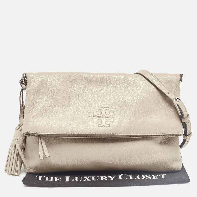 Pre Owned Tory Burch Grey Leather Thea Fold Over Crossbody Bag