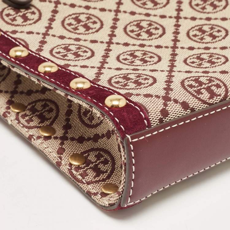 Pre Owned Tory Burch Tricolor T Monogram Jacquard Canvas and Leather Mini Tote