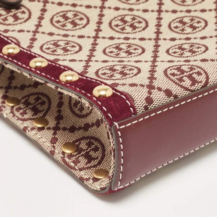 Pre Owned Tory Burch Tricolor T Monogram Jacquard Canvas and Leather Mini Tote