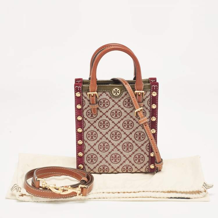 Pre Owned Tory Burch Tricolor T Monogram Jacquard Canvas and Leather Mini Tote