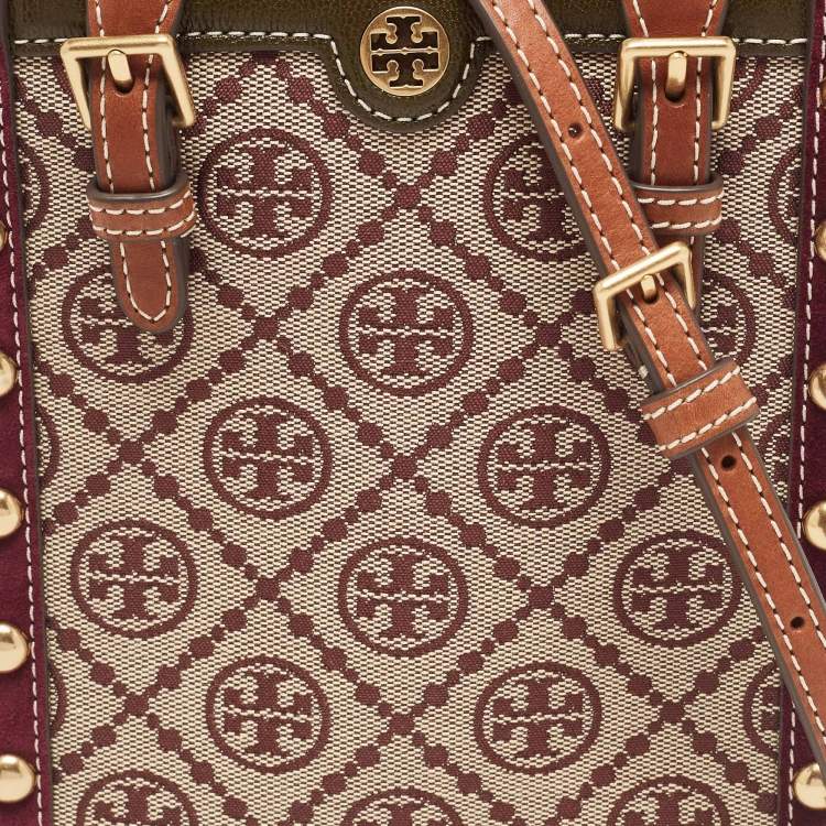 Pre Owned Tory Burch Tricolor T Monogram Jacquard Canvas and Leather Mini Tote