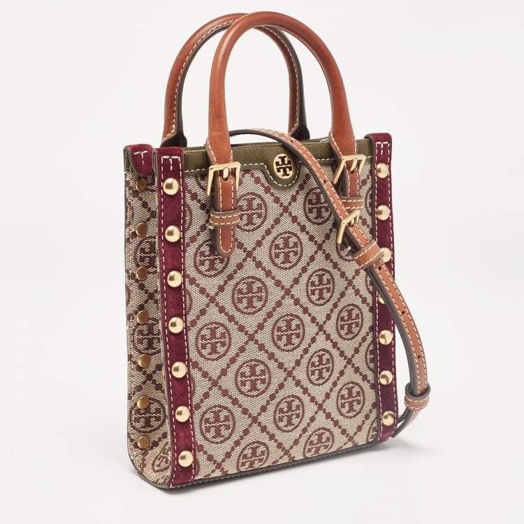 Pre Owned Tory Burch Tricolor T Monogram Jacquard Canvas and Leather Mini Tote