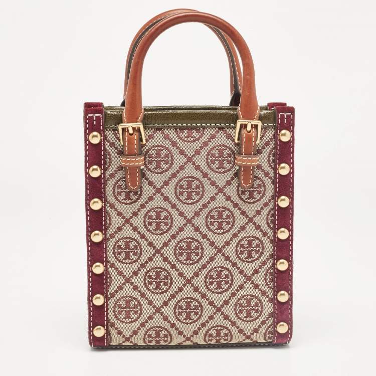 Pre Owned Tory Burch Tricolor T Monogram Jacquard Canvas and Leather Mini Tote