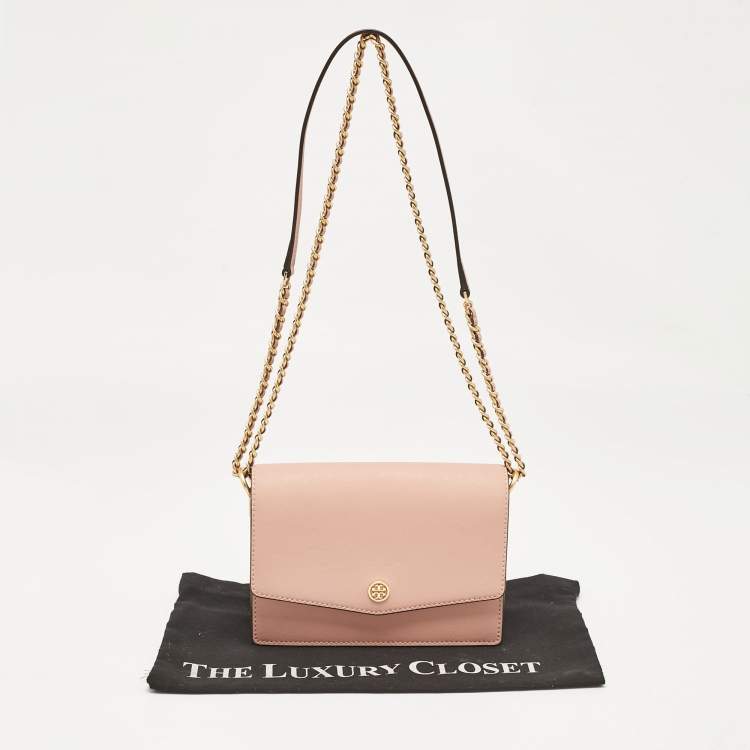 Pre Owned Tory Burch Peach Leather Mini Robinson Shoulder Bag