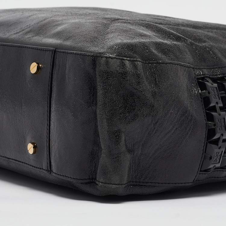 Pre Owned Tory Burch Black Iridescent Leather Logo Detail Hobo
