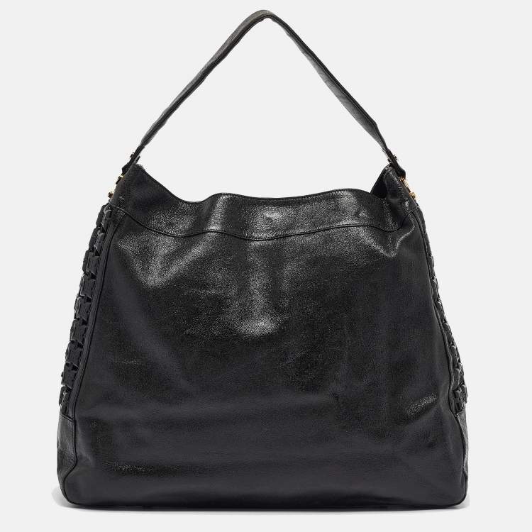 Pre Owned Tory Burch Black Iridescent Leather Logo Detail Hobo