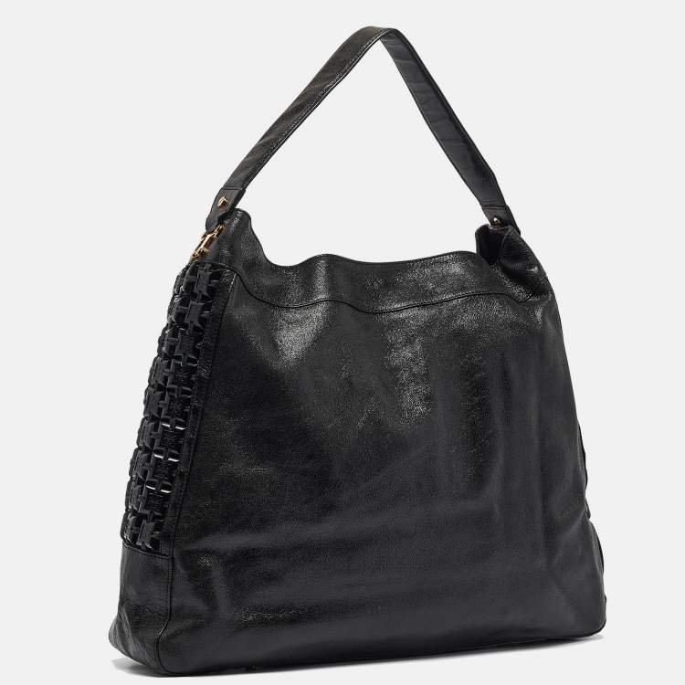Pre Owned Tory Burch Black Iridescent Leather Logo Detail Hobo
