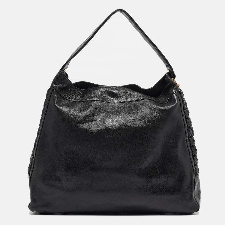Pre Owned Tory Burch Black Iridescent Leather Logo Detail Hobo
