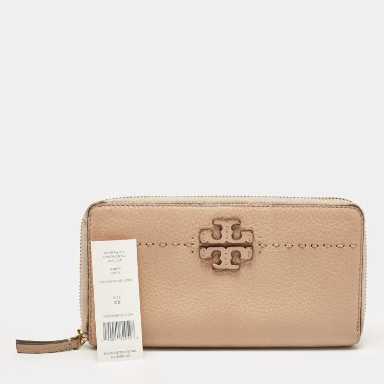 Pre Owned Tory Burch Beige Leather McGraw Zip Continental Wallet