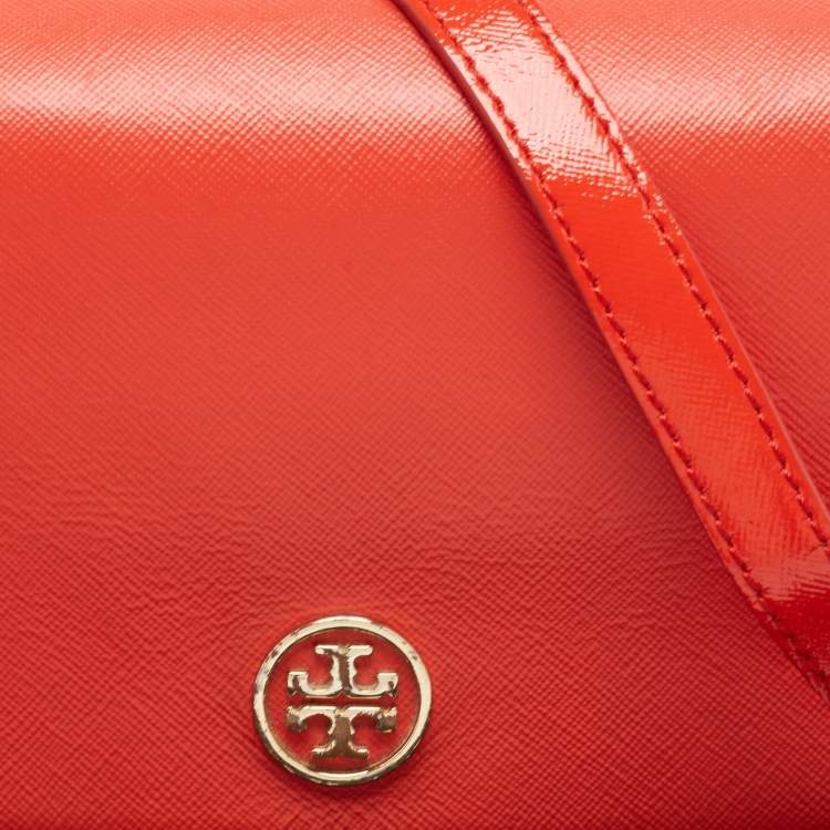 Pre Owned Tory Burch Orange Patent and Leather Mini Robinson Crossbody Bag