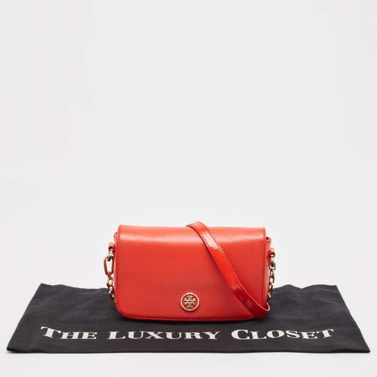 Pre Owned Tory Burch Orange Patent and Leather Mini Robinson Crossbody Bag
