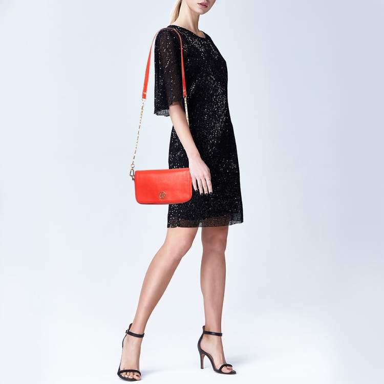 Pre Owned Tory Burch Orange Patent and Leather Mini Robinson Crossbody Bag