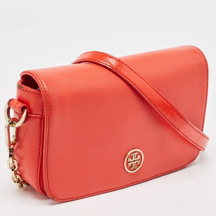 Pre Owned Tory Burch Orange Patent and Leather Mini Robinson Crossbody Bag