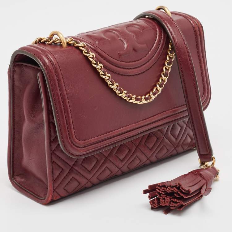 Pre Owned Tory Burch Burgundy Leather Small Fleming Crossbody Bag