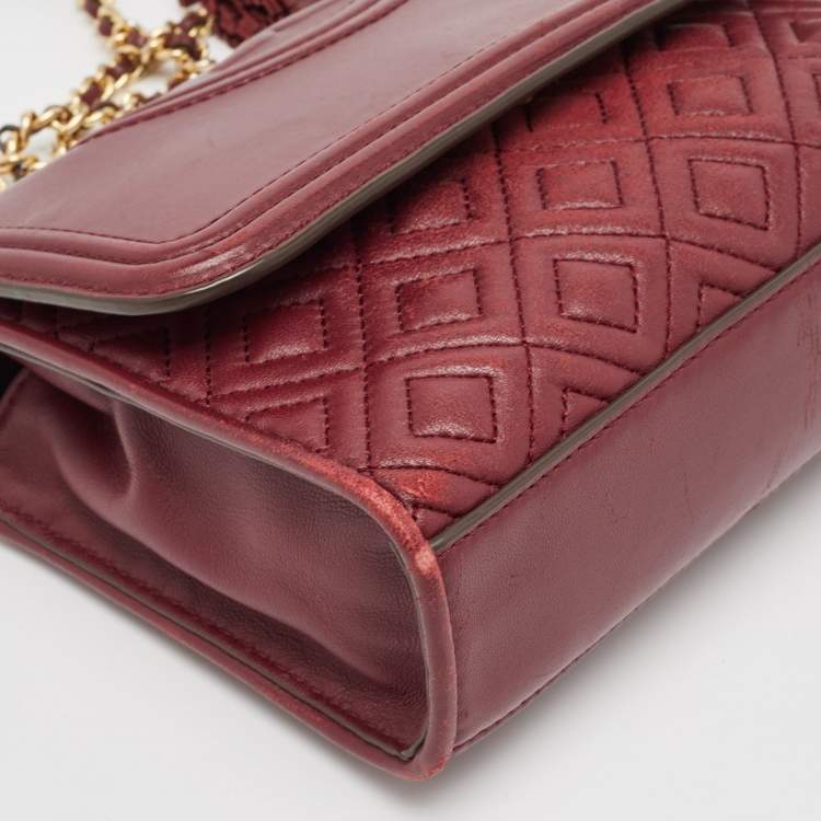 Pre Owned Tory Burch Burgundy Leather Small Fleming Crossbody Bag