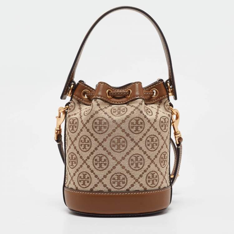 Pre Owned Tory Burch Brown/Beige Canvas and Leather Mini T Monogram Bucket Bag