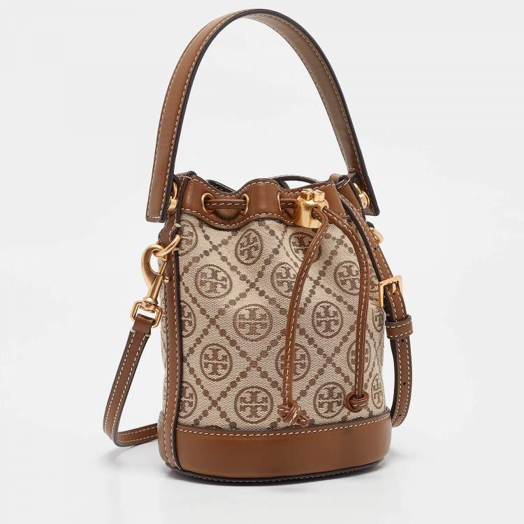 Pre Owned Tory Burch Brown/Beige Canvas and Leather Mini T Monogram Bucket Bag