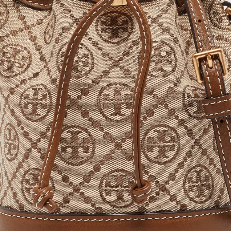 Pre Owned Tory Burch Brown/Beige Canvas and Leather Mini T Monogram Bucket Bag