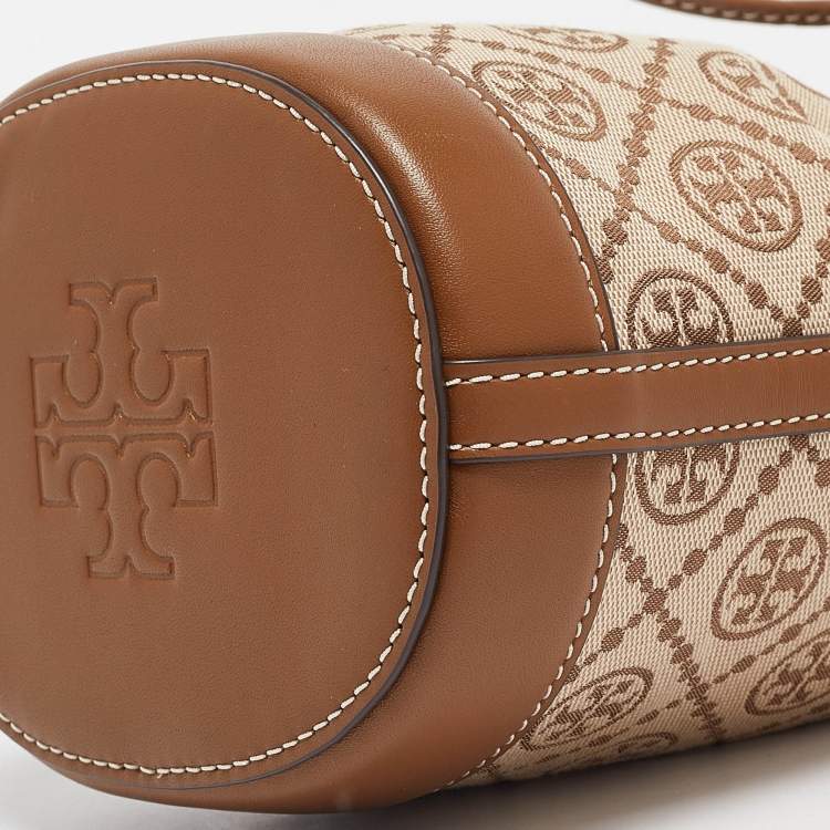 Pre Owned Tory Burch Brown/Beige Canvas and Leather Mini T Monogram Bucket Bag