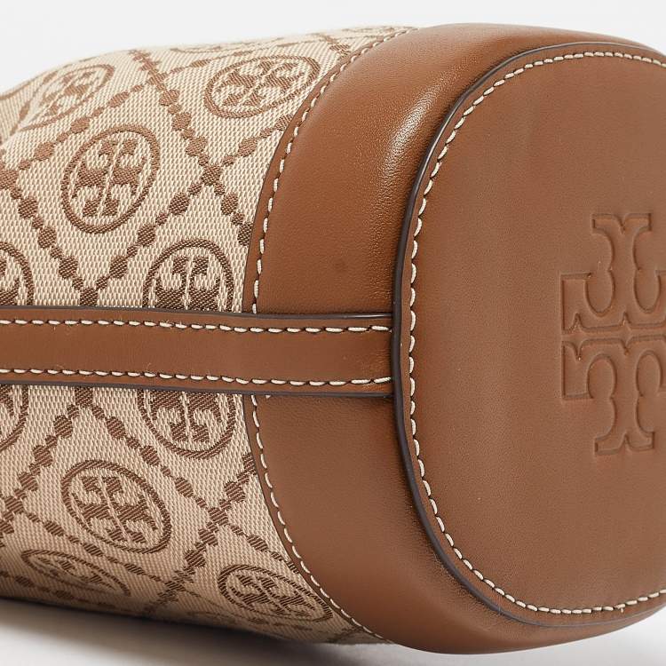 Pre Owned Tory Burch Brown/Beige Canvas and Leather Mini T Monogram Bucket Bag
