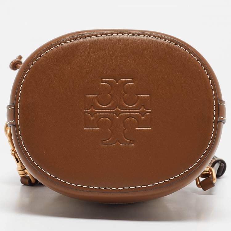 Pre Owned Tory Burch Brown/Beige Canvas and Leather Mini T Monogram Bucket Bag