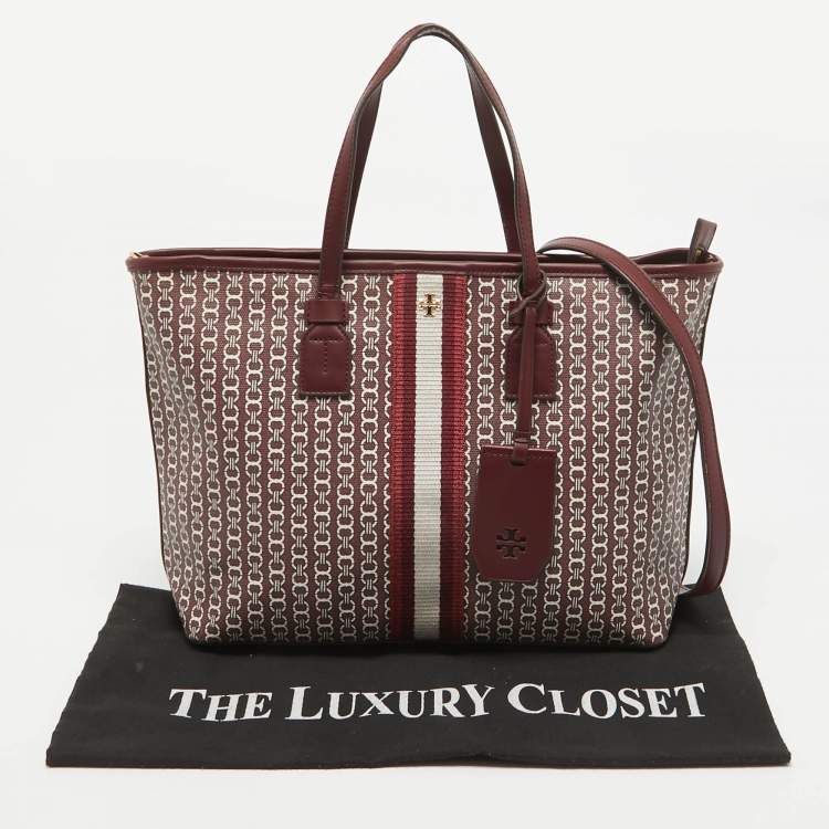 Pre Owned Tory Burch Burgundy Coated Canvas and Leather Gemini Link Top Zip Tote