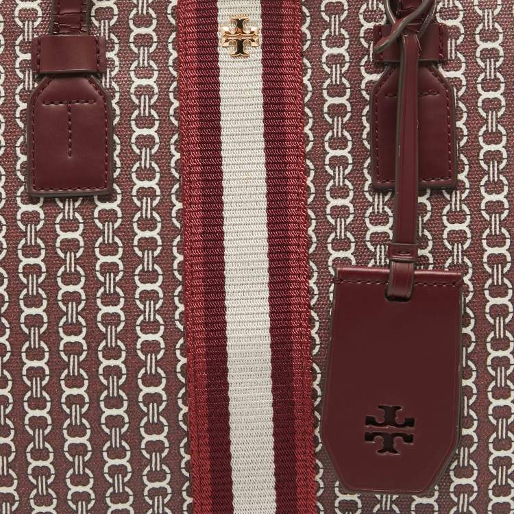 Pre Owned Tory Burch Burgundy Coated Canvas and Leather Gemini Link Top Zip Tote