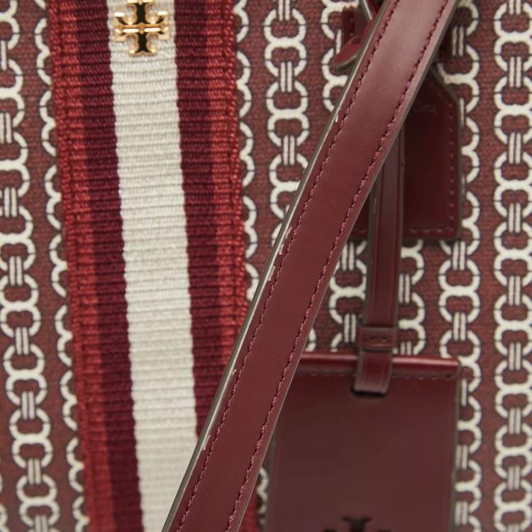 Pre Owned Tory Burch Burgundy Coated Canvas and Leather Gemini Link Top Zip Tote