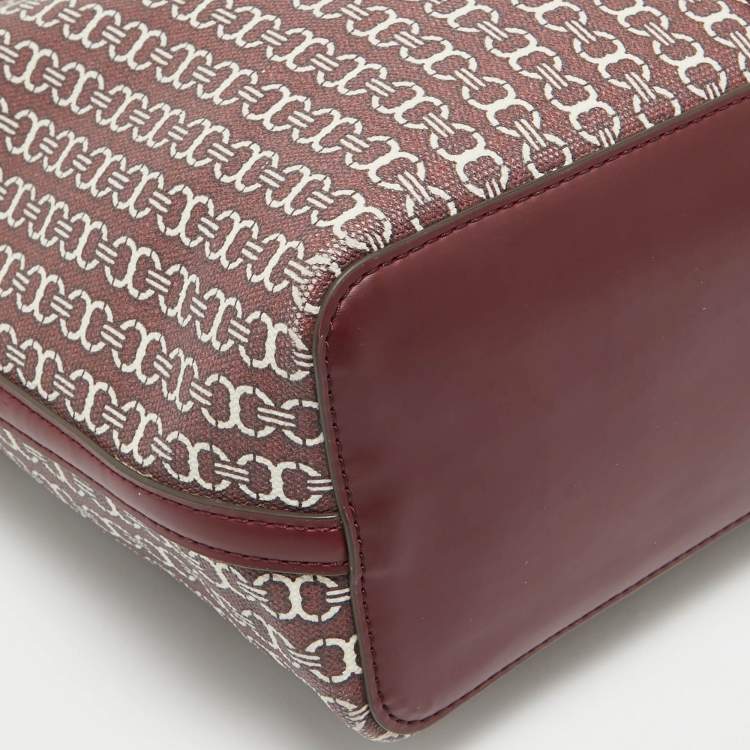 Pre Owned Tory Burch Burgundy Coated Canvas and Leather Gemini Link Top Zip Tote