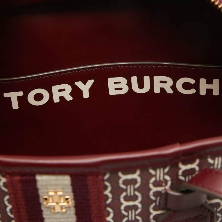 Pre Owned Tory Burch Burgundy Coated Canvas and Leather Gemini Link Top Zip Tote