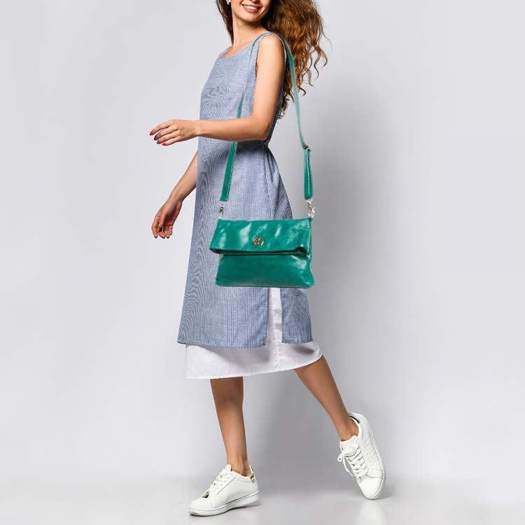 Pre Owned Tory Burch Green Leather Dena Fold Over Crossbody Bag