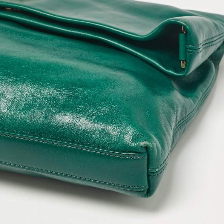 Pre Owned Tory Burch Green Leather Dena Fold Over Crossbody Bag
