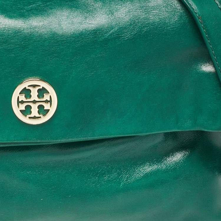 Pre Owned Tory Burch Green Leather Dena Fold Over Crossbody Bag