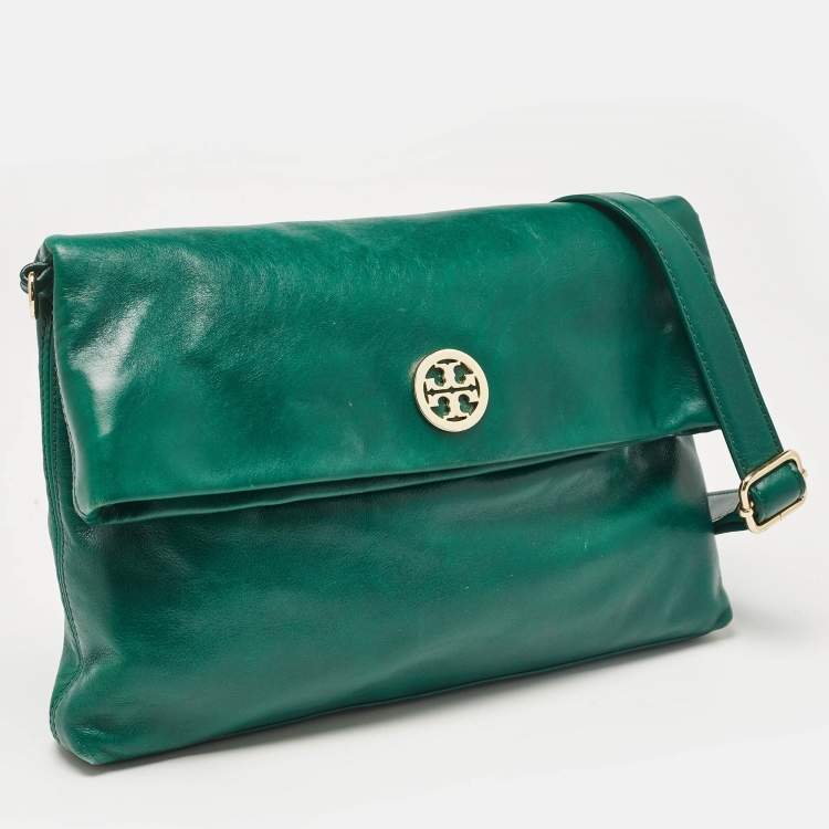 Pre Owned Tory Burch Green Leather Dena Fold Over Crossbody Bag