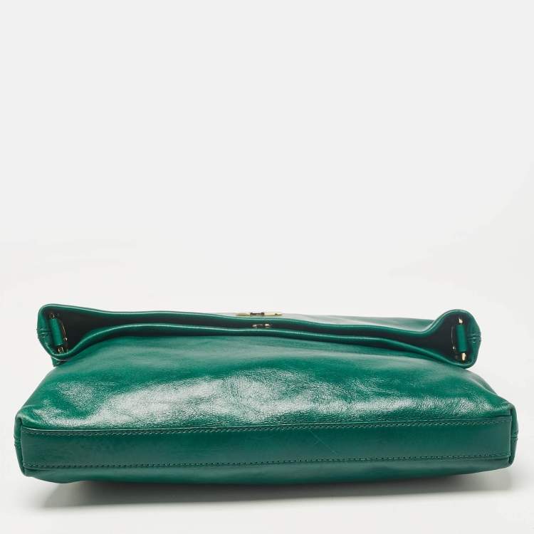 Pre Owned Tory Burch Green Leather Dena Fold Over Crossbody Bag