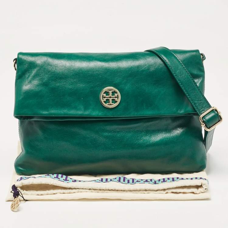 Pre Owned Tory Burch Green Leather Dena Fold Over Crossbody Bag