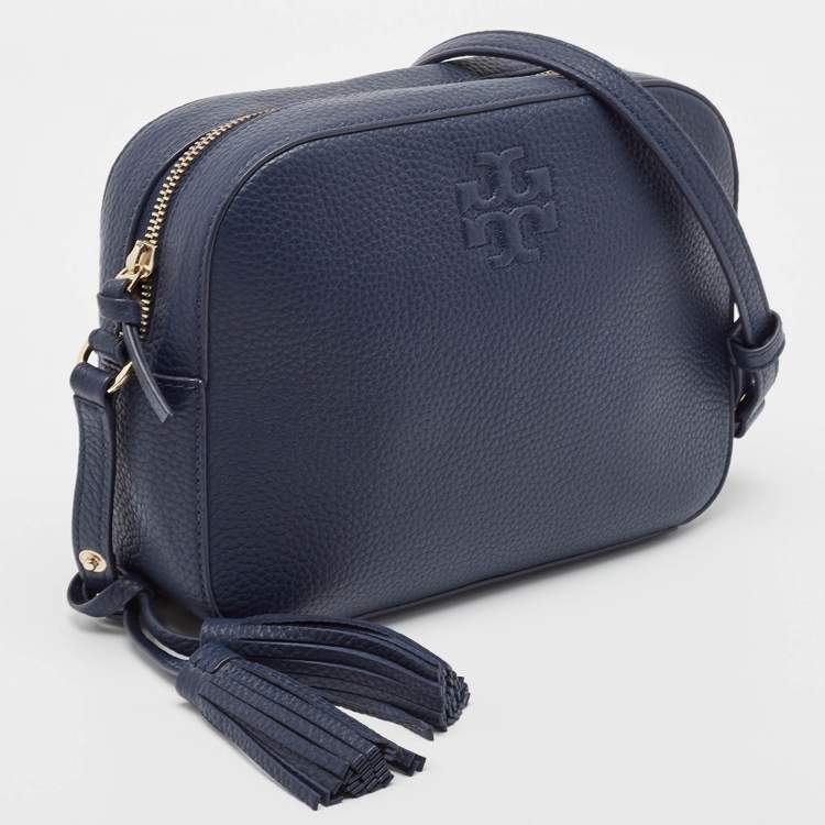 Pre Owned Tory Burch Navy Blue Leather Camera Tassel Crossbody Bag