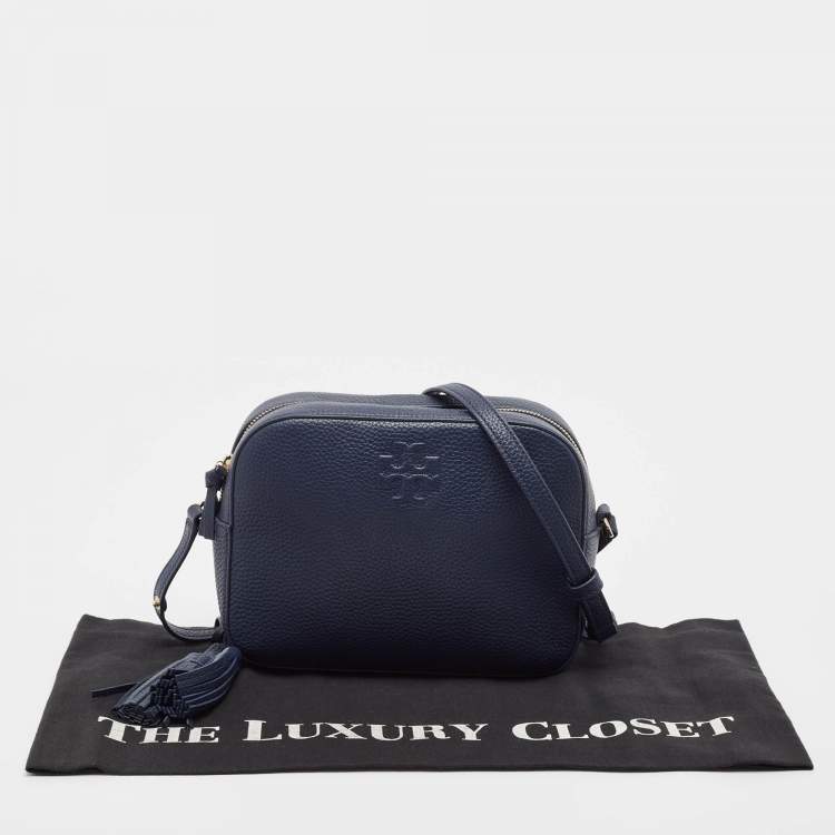 Pre Owned Tory Burch Navy Blue Leather Camera Tassel Crossbody Bag