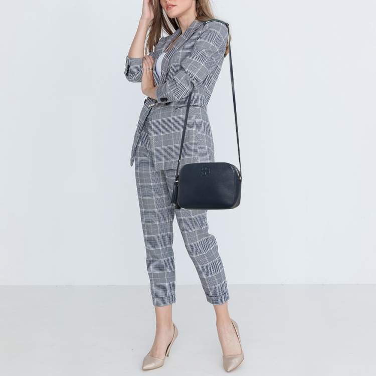 Pre Owned Tory Burch Navy Blue Leather Camera Tassel Crossbody Bag