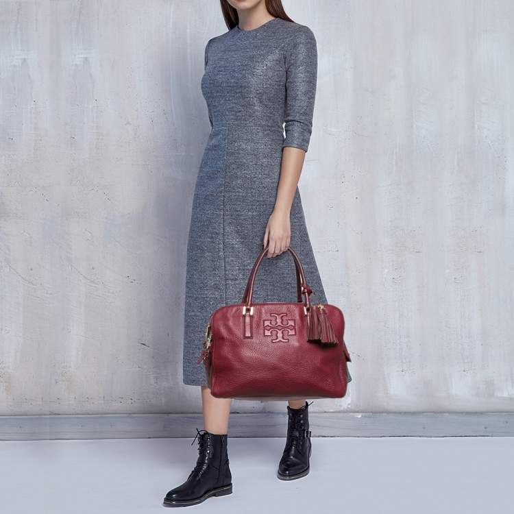 Pre Owned Tory Burch Burgundy Leather Thea Triple Zip Satchel