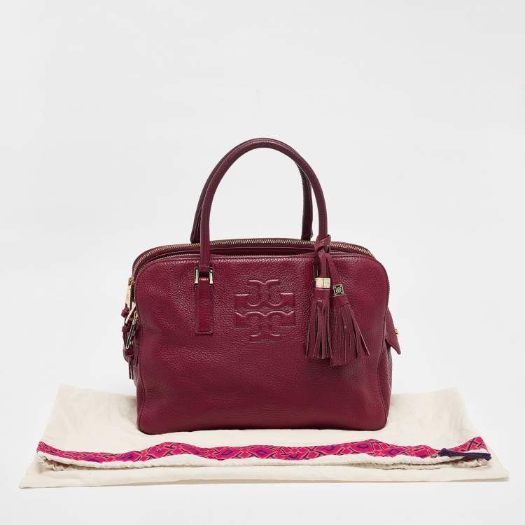 Pre Owned Tory Burch Burgundy Leather Thea Triple Zip Satchel