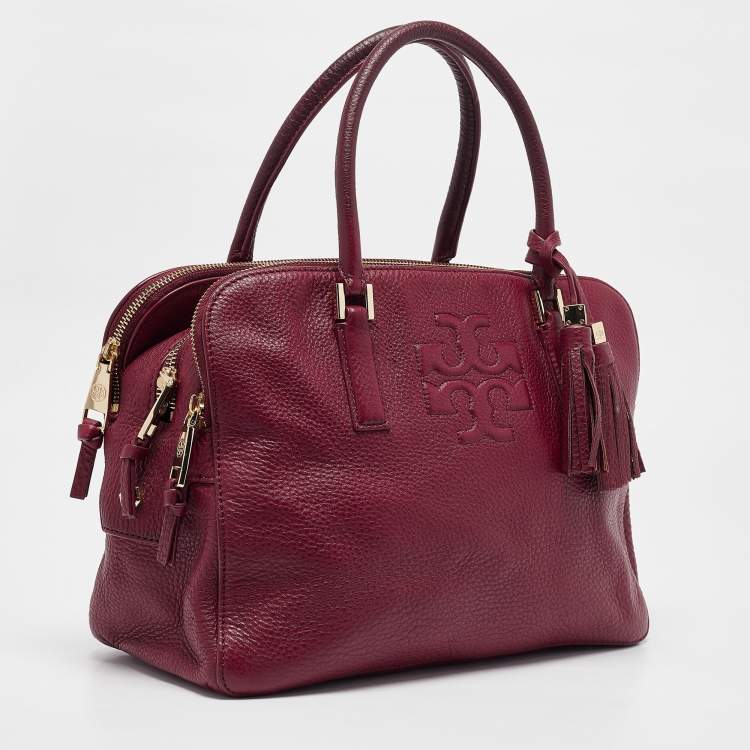 Pre Owned Tory Burch Burgundy Leather Thea Triple Zip Satchel