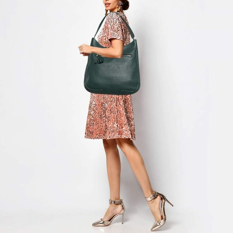 Pre Owned Tory Burch Dark Green Robinson Tassel Hobo