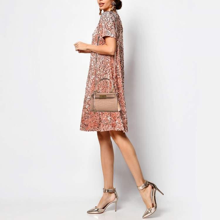 Pre Owned Tory Burch Beige Croc Embossed Leather Petite Lee Radziwill Top Handle Bag