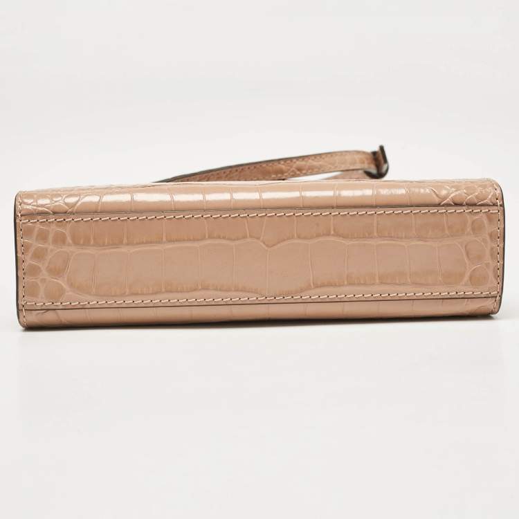 Pre Owned Tory Burch Beige Croc Embossed Leather Petite Lee Radziwill Top Handle Bag
