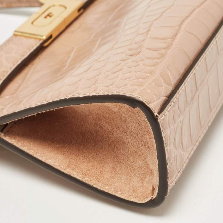 Pre Owned Tory Burch Beige Croc Embossed Leather Petite Lee Radziwill Top Handle Bag